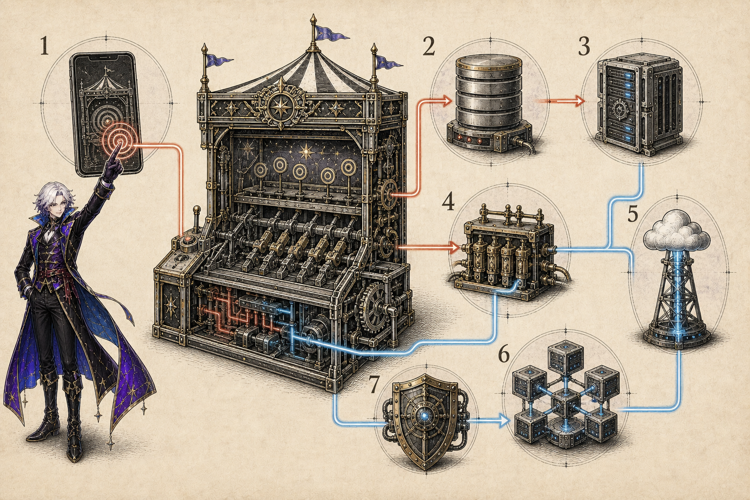 Seven-module cutaway of the systems behind a tap-and-win carnival game