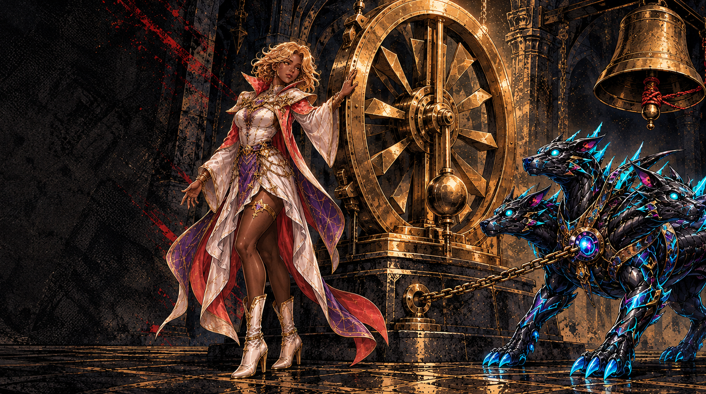 The Dawnlight Oracle, a woman with curly golden-blonde hair in a white, crimson and violet celestial outfit, stands beside a great vertical brass governor wheel with one open palm resting on its rim and her other hand extended open and empty to the left, while a three-headed armoured hound with six glowing cyan eyes, four legs and one energy-tipped tail strains forward at the end of a taut chain, and a large brass bell above the hound has its clapper bound shut with a knotted crimson cord