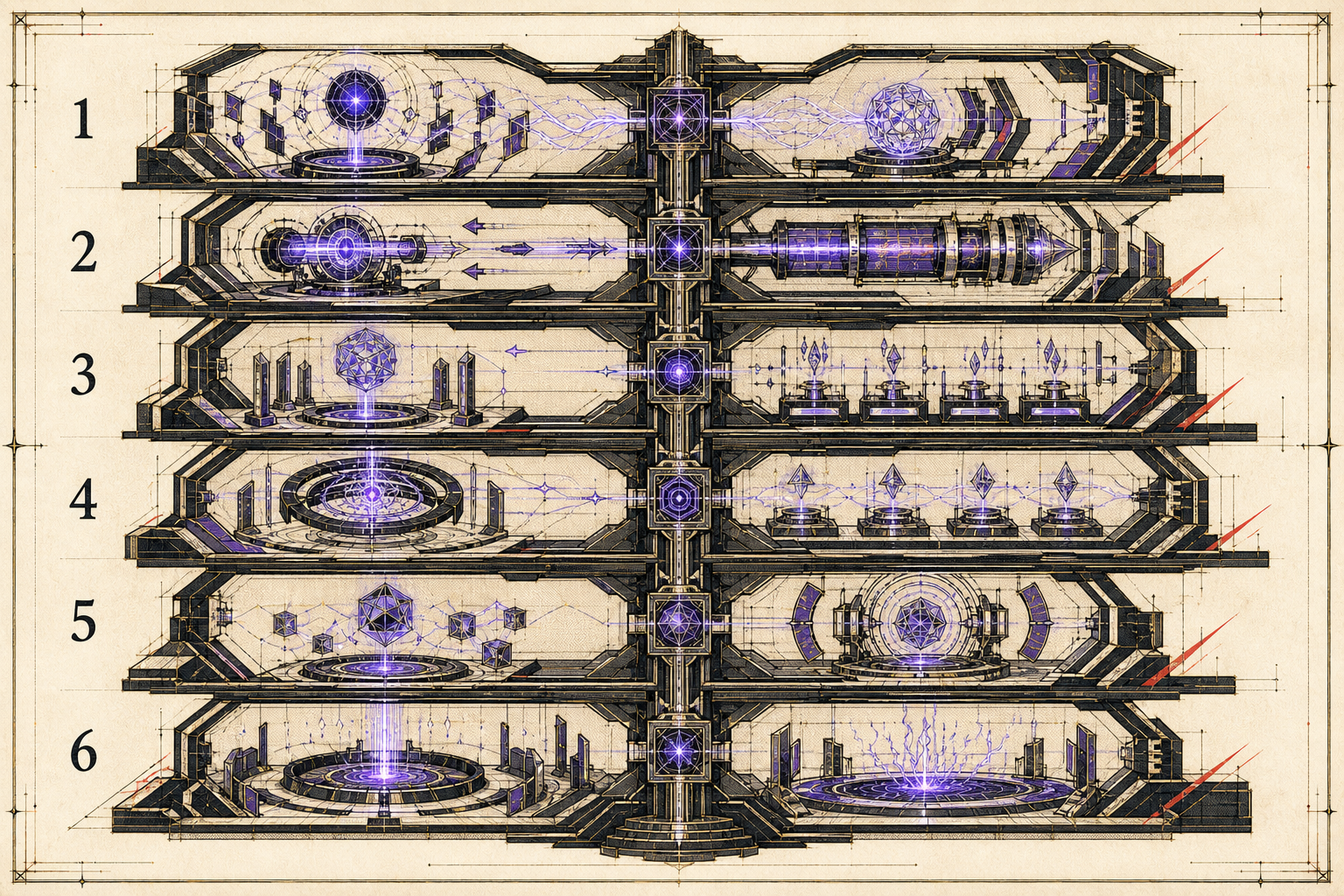 Six-deck educational cutaway showing the systems beneath a crypto casino experience