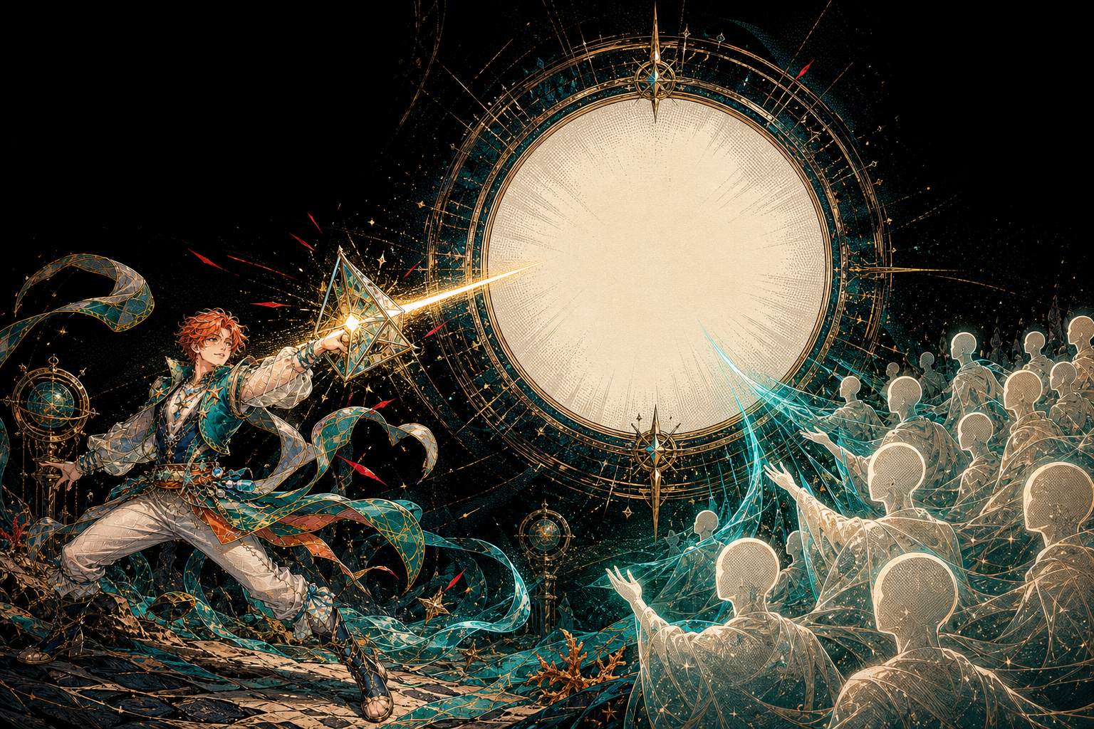 Reef Alchemist routes a discovery beam through a prism toward a blank screening aperture while an abstract audience sends a retention signal back