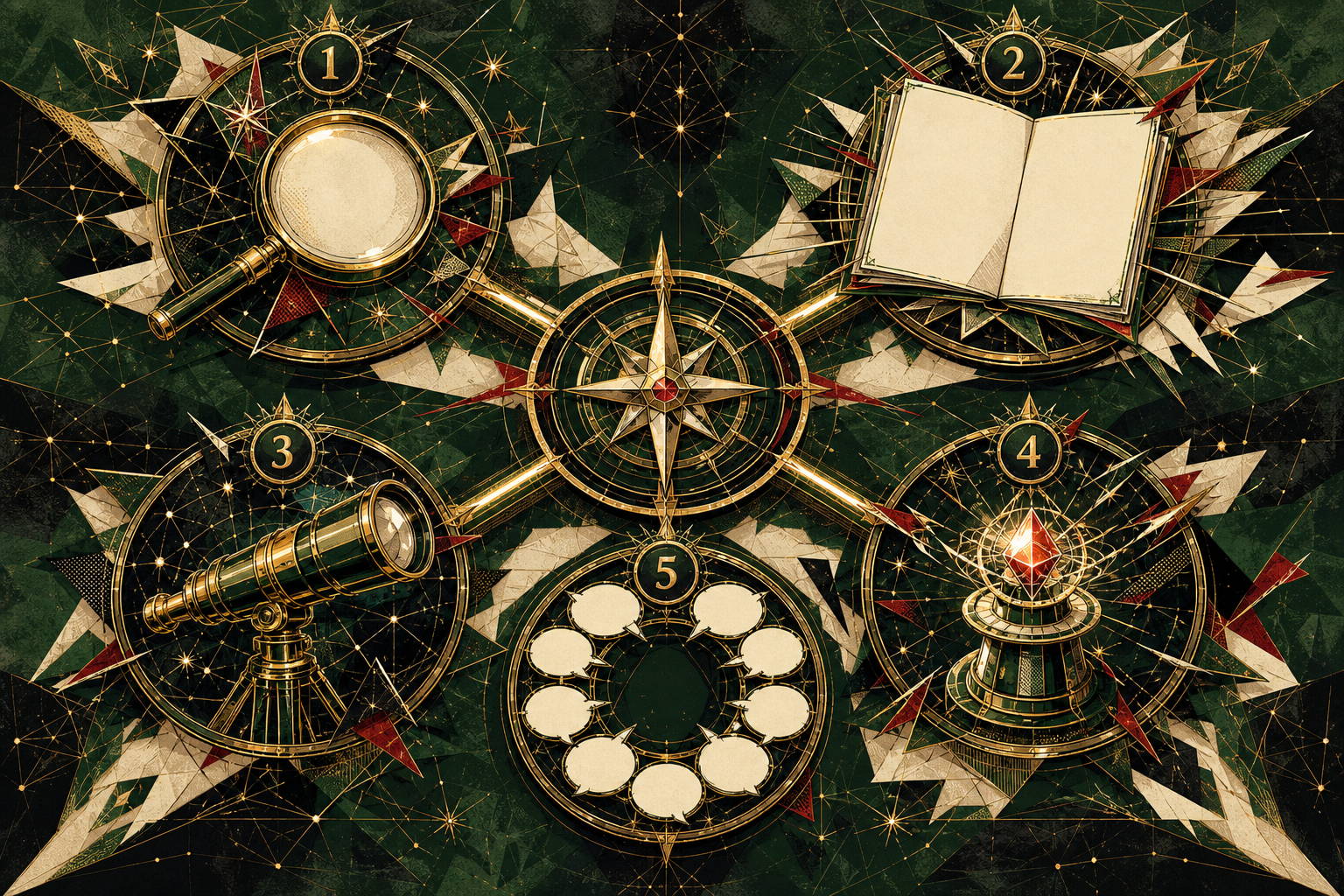 Five numbered visibility sectors feed a central saved-project compass in a character-free constellation map