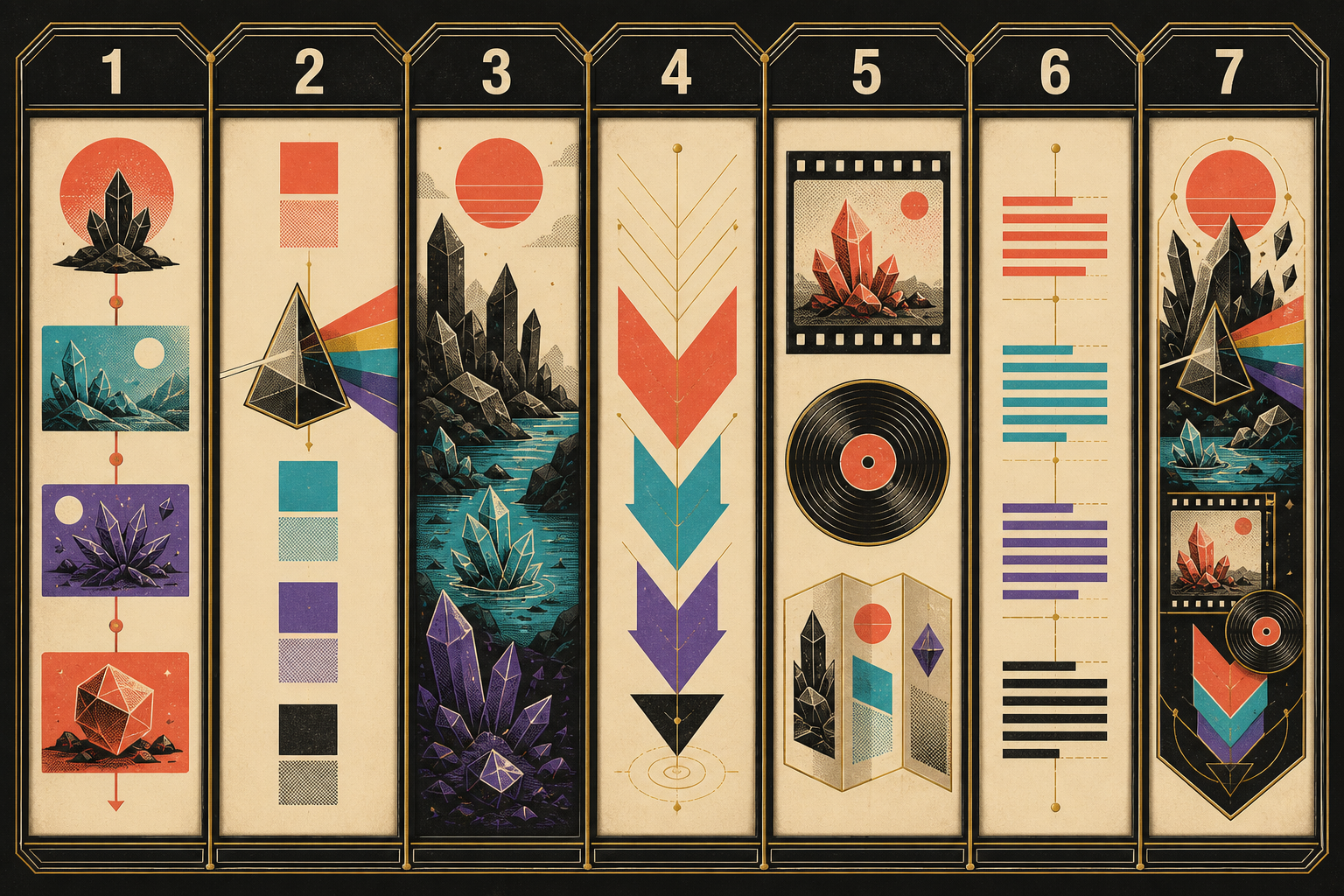 Seven numbered design specimens for story, colour, theme, action, format, typographic rhythm and a unified visual language