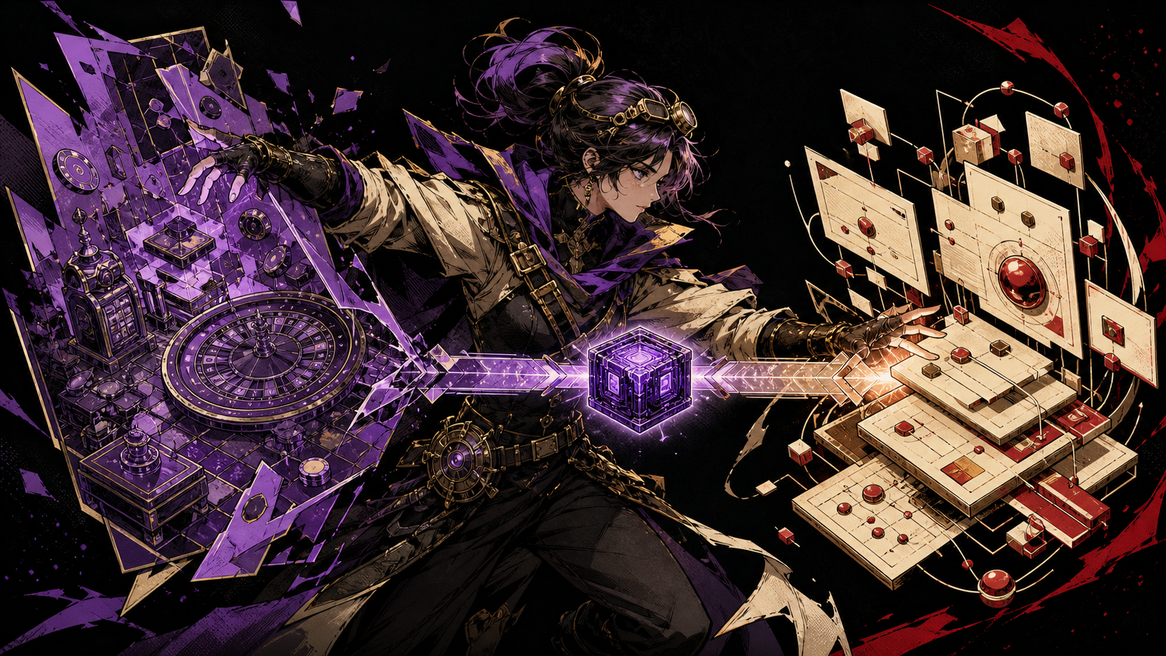 Generated Wizards-style illustration of a browser game splitting work between a compact violet compute core and red JavaScript controls