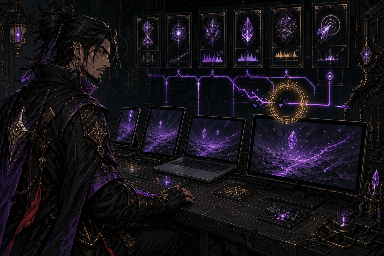Generated Wizards-style testing lab with one game running across a phone, tablet, laptop and desktop while abstract gauges monitor the rendering path