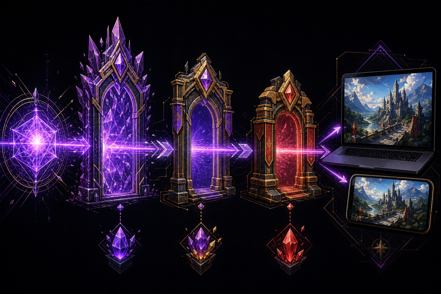 Generated text-free infographic with three violet, gold and crimson capability gates leading to the same game on a laptop and phone