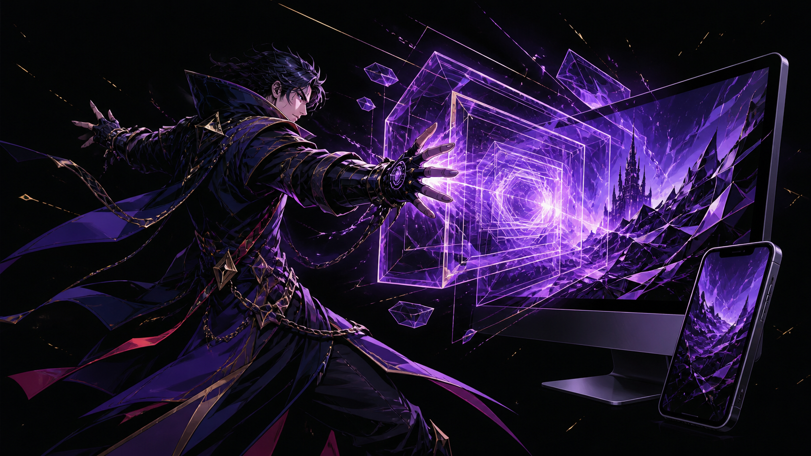 Generated Wizards-style illustration of a technomancer sending one violet rendered world through a geometric portal to a desktop display and phone