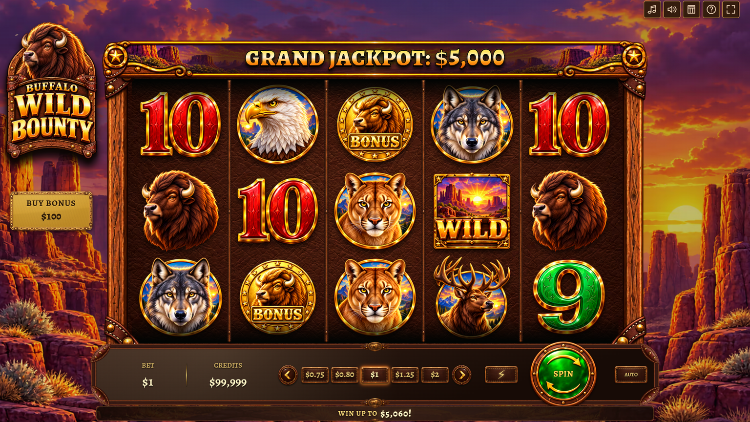 Buffalo Wild Bounty demo gameplay showing the five by three reel grid, the grand jackpot header, the bet ladder and the spin controls, captured on 12 October 2026