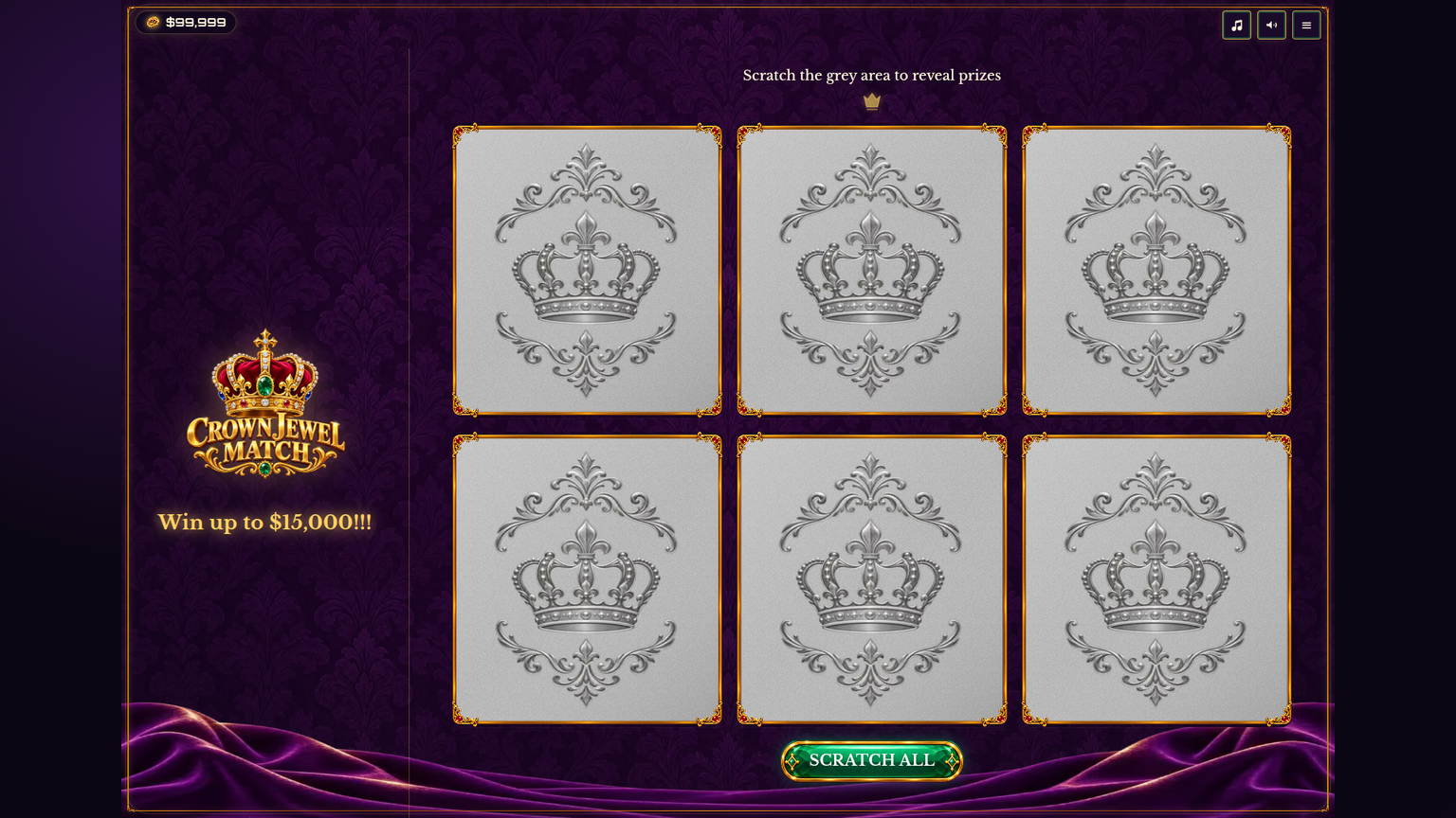 Crown Jewel Match demo gameplay showing a six-cell scratch board with prize amounts revealed, the win-up-to header and the scratch-all control, captured on 12 October 2026