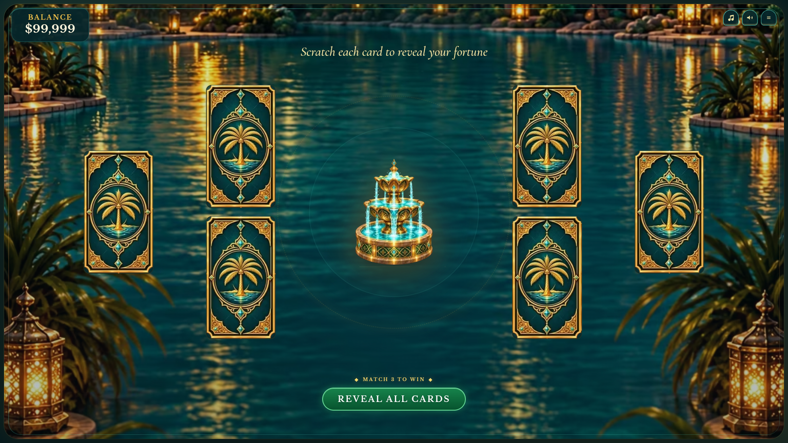 Fortune of the Oasis demo gameplay showing six scratched treasure cards with prize amounts, the match-three-to-win prompt and the reveal-all control, captured on 12 October 2026