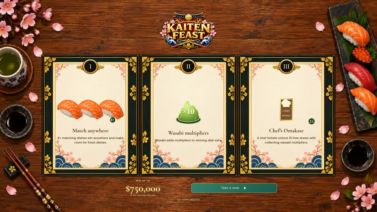 Kaiten Feast demo screen captured on 12 October 2026 showing the game's own three help panels for matching eight or more dishes anywhere, wasabi multipliers and the chef's omakase bonus above the take-a-seat control
