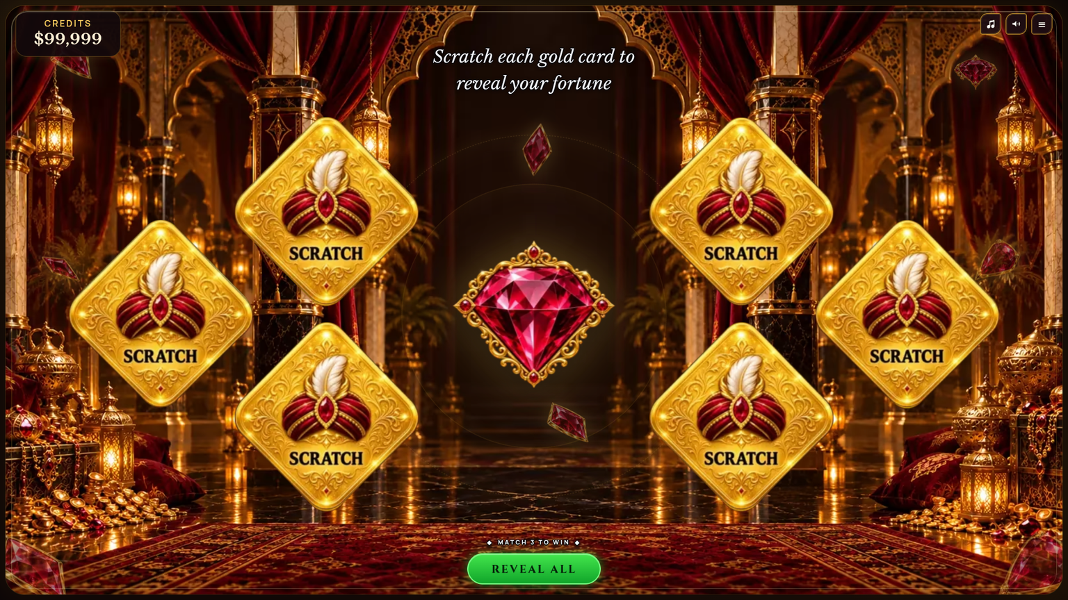 Sultan's Riches demo gameplay showing six revealed gold cards with prize amounts, the match-three-to-win prompt and the reveal-all control, captured on 12 October 2026