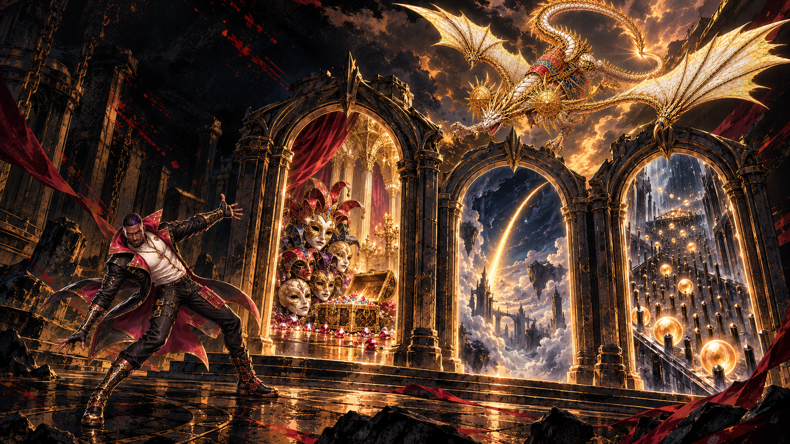 Generated Wizards-style illustration of a fighter presenting three open doorways, each onto a different world, while an armoured wyvern banks above them