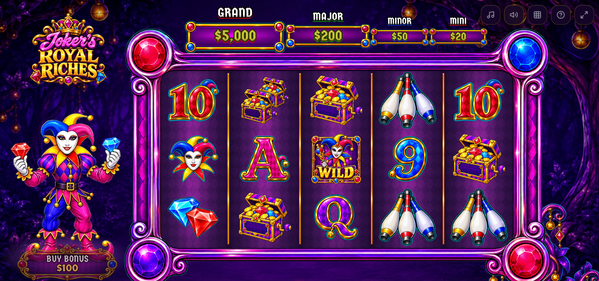 Jokers Royal Riches demo gameplay showing a five by three reel grid of jester masks, gems, chests and card symbols beneath four jackpot tiers named Grand, Major, Minor and Mini