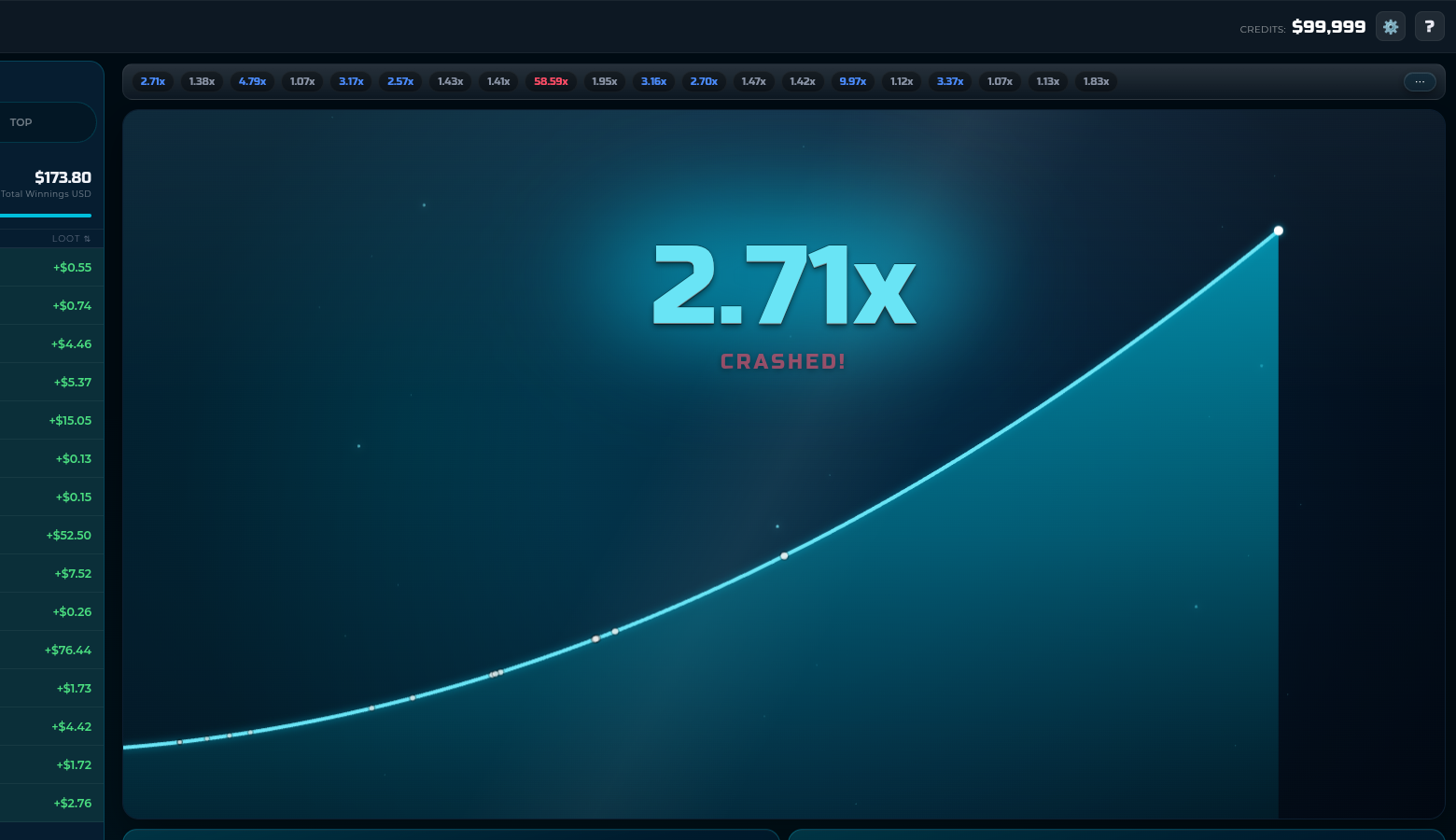 Sport Crash demo gameplay showing a risen multiplier curve ending at a whole-number multiplier beneath a strip of recent round results