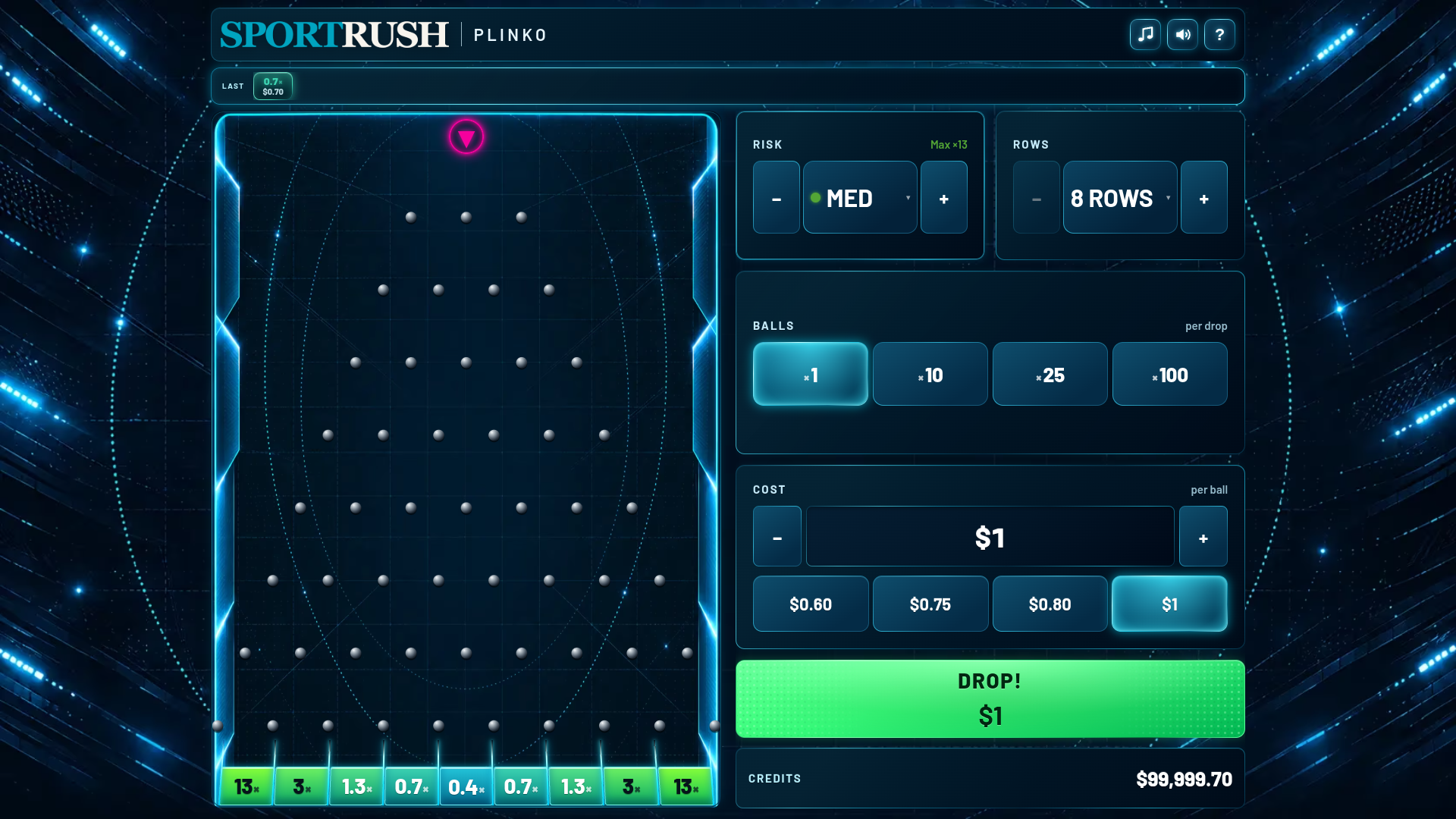 Sport Rush Plinko demo gameplay showing an eight-row triangular peg board with a ball at the top, nine multiplier pockets from 0.4x to 13x across the bottom, and risk, rows, balls and cost controls