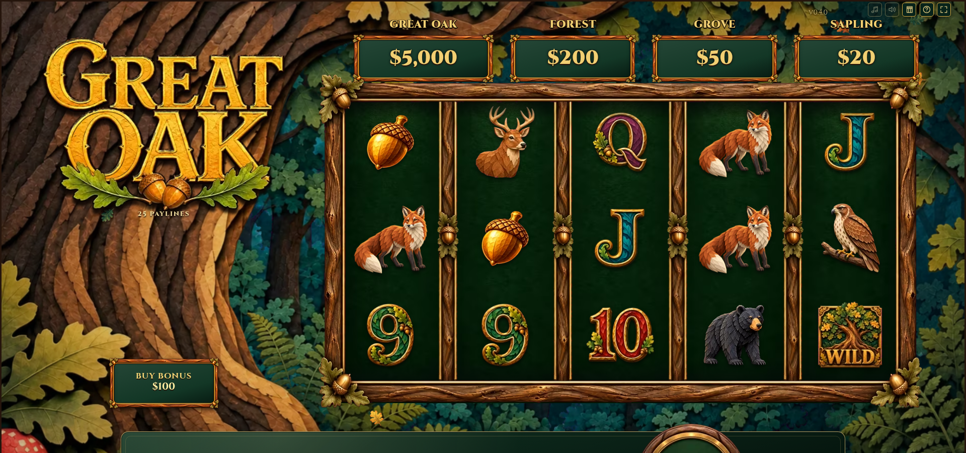 The Great Oak demo gameplay showing a five by three reel grid of woodland animal symbols, acorns and the oak tree wild beneath a dark forest canopy