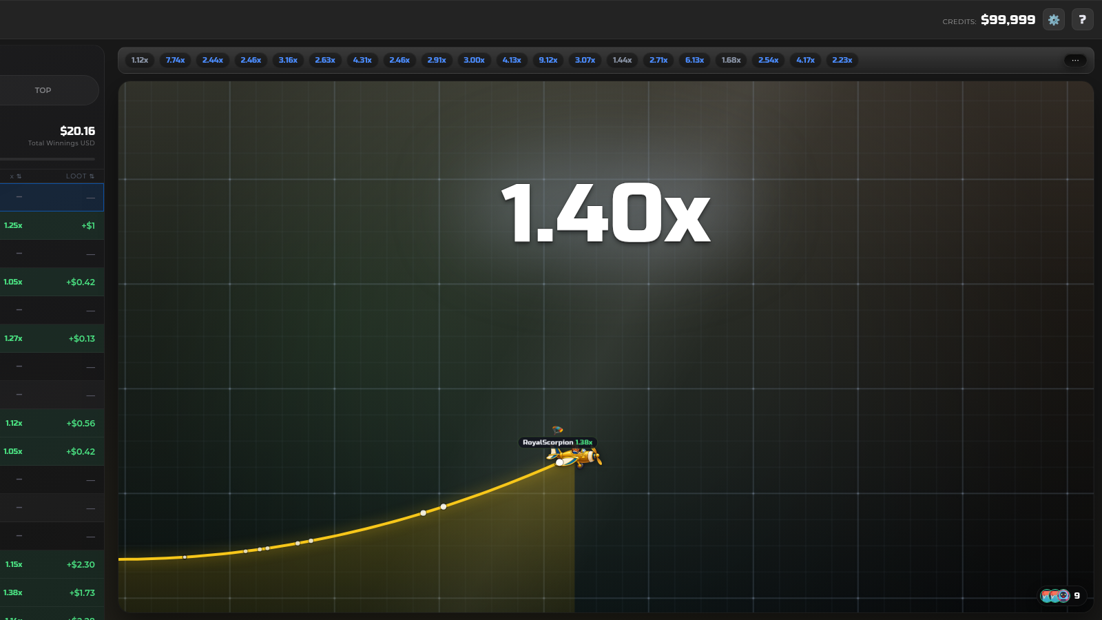 Rei Da Sorte! demo gameplay showing a rising yellow multiplier curve, a large current multiplier and a cash out control
