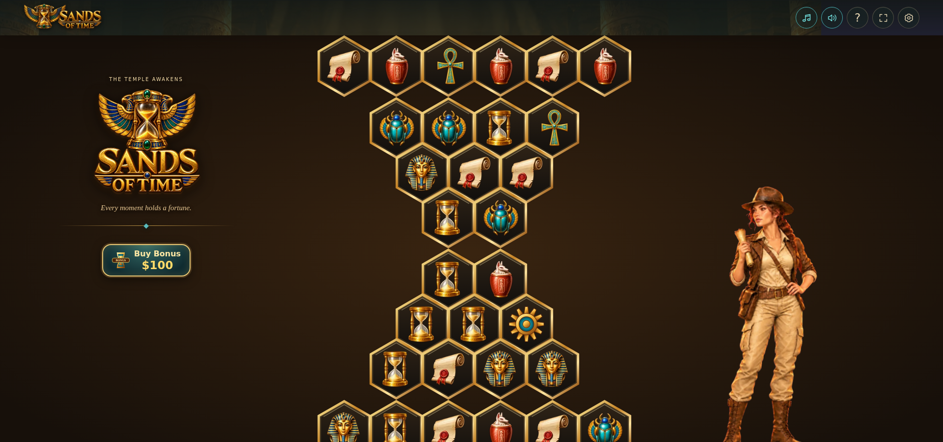 Sands Of Time demo gameplay showing an hourglass-shaped board of hexagonal cells holding ancient Egyptian symbols, with an explorer standing beside it