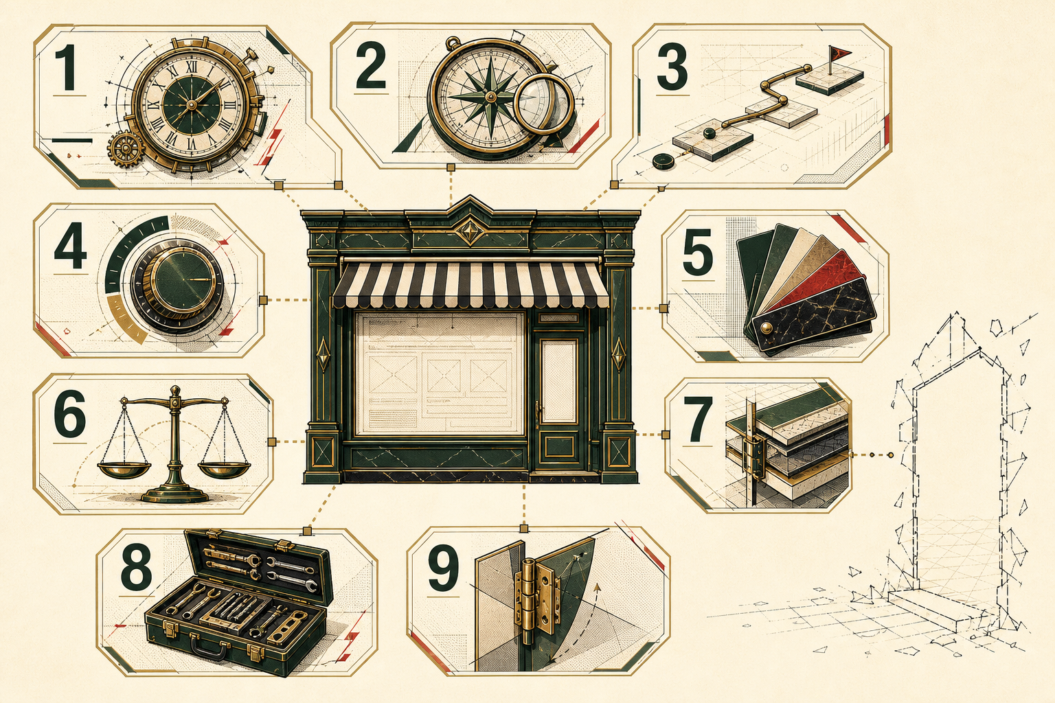 Nine-part commerce-theme cabinet surrounding a storefront with an unfinished doorway beyond its settings