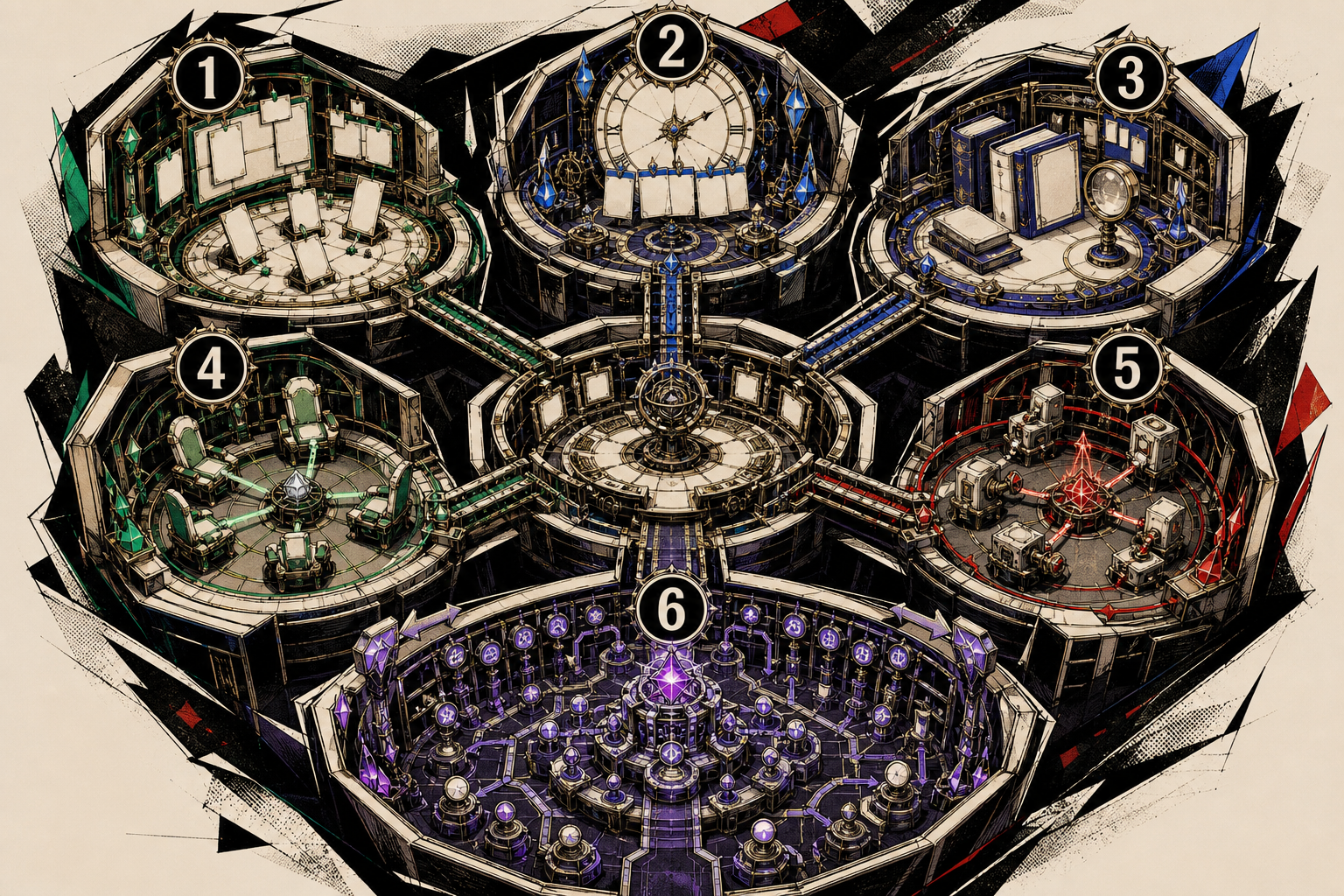 Six numbered chambers connect five work instruments to one shared command deck and a final customisation pressure chamber