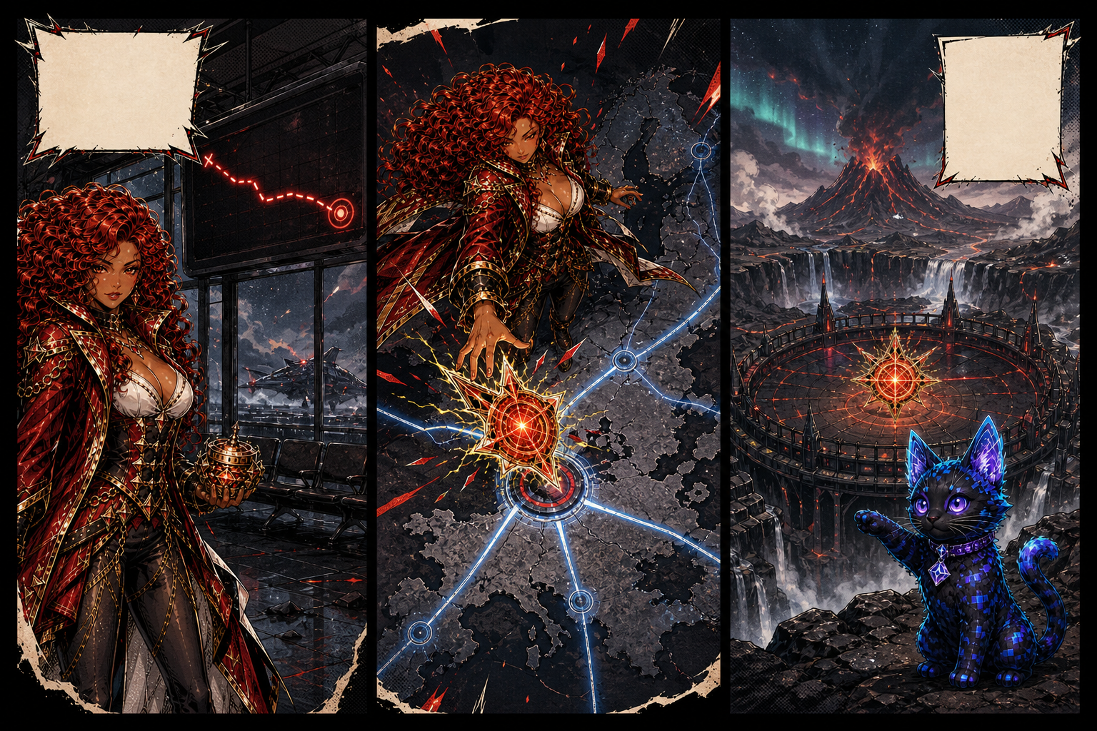 Crimson Gameforge Witch and Pixel Cat reroute a tournament itinerary across three wordless comic panels