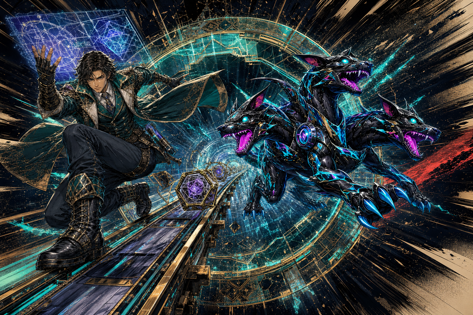 A single Wizards comic panel showing Rune and the three-headed Nitro Cerberus crossing a transparent proof gate on a high-speed Layer-2 rail