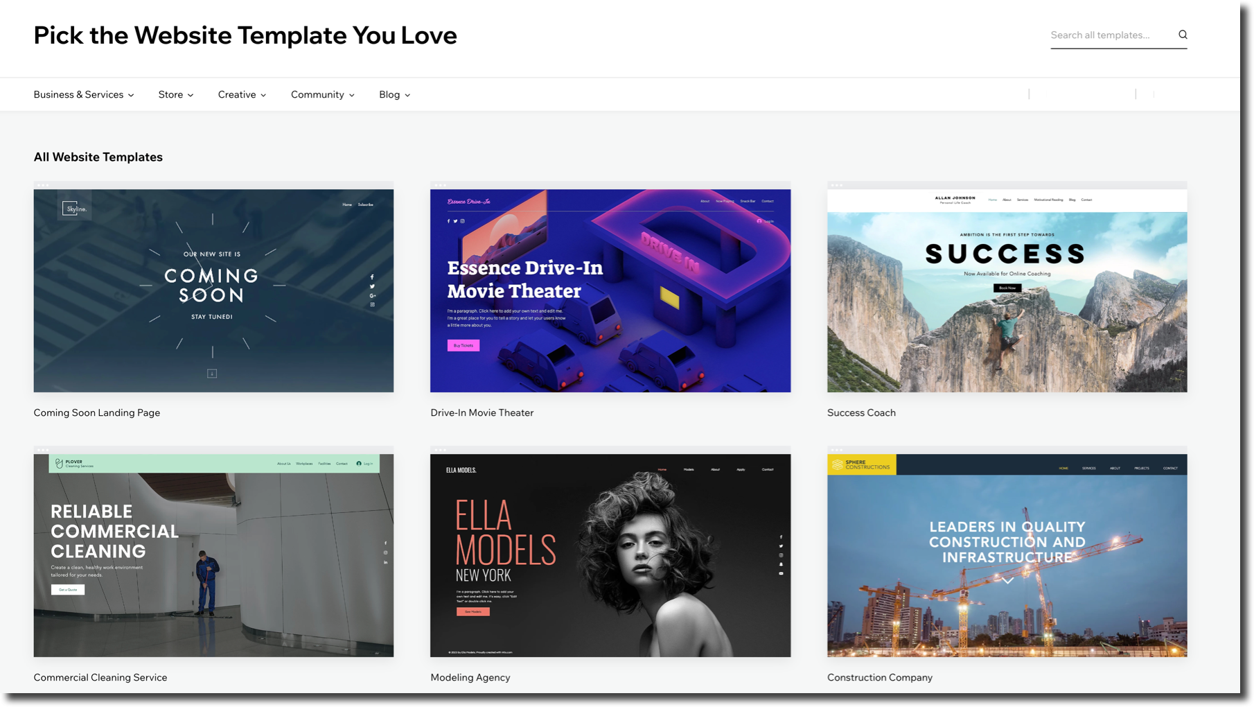 A website-template gallery headed Pick the Website Template You Love, showing a grid of six template previews with their names beneath