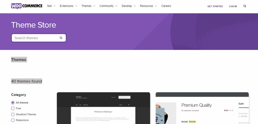 A screenshot of the WooCommerce Theme Store page, its sidebar filtering by category and the heading above the grid reading 40 themes found
