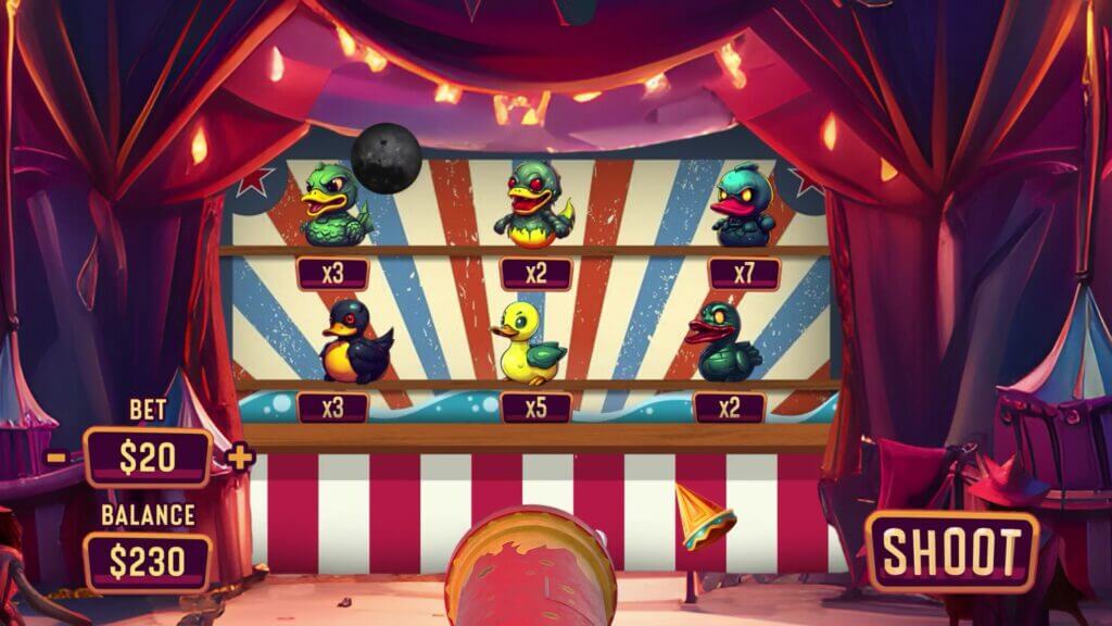 The players make a bet and tap on the screen to shoot the zombie rubber ducks on display.