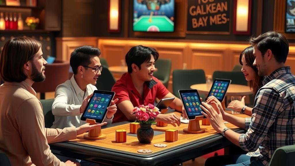 Amigos jugando juegos de mesa descentralizados en un salón moderno.