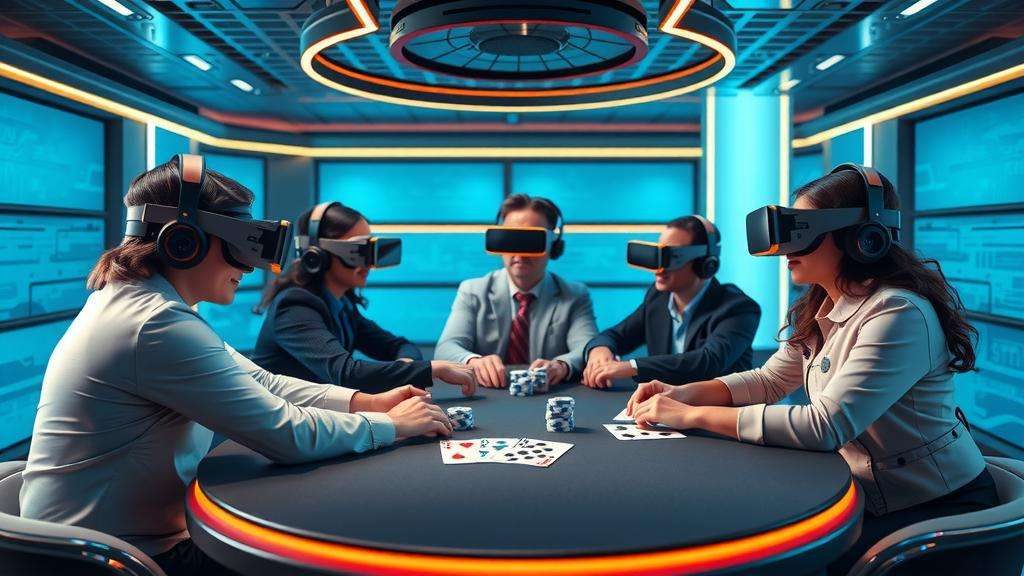 Jugadores en un juego de póker VR interactuando en un entorno digital.