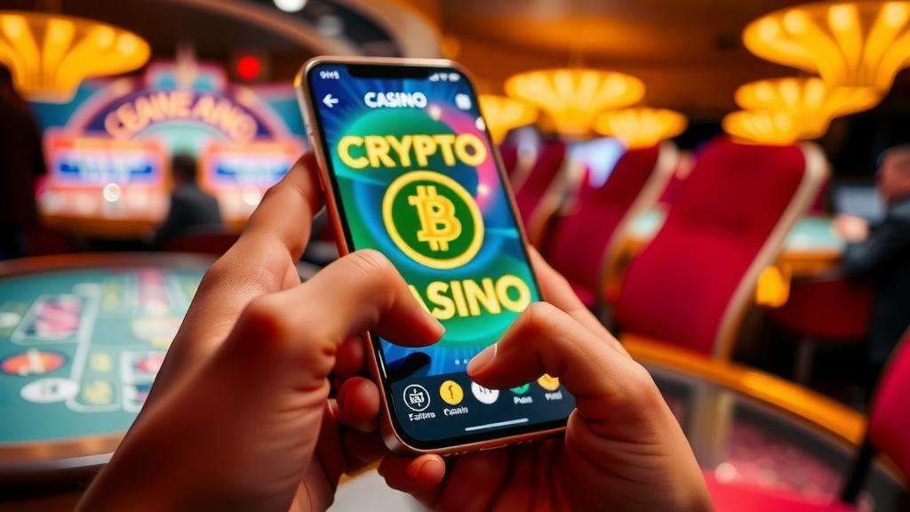Primer plano de un usuario interactuando con una aplicación de casino criptográfico en su teléfono inteligente.