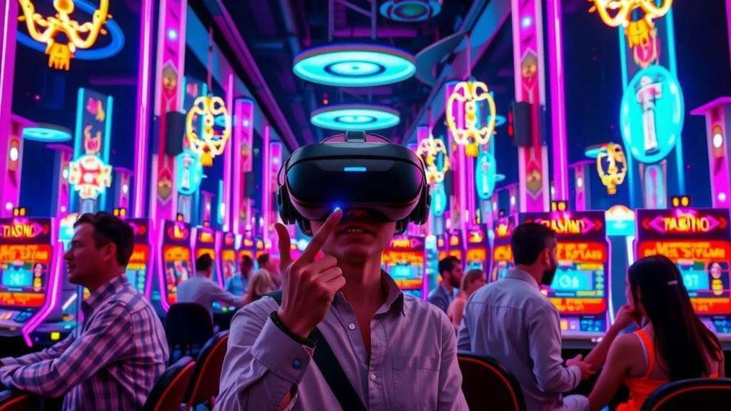 Experiencia de casino de realidad virtual futurista con jugadores e interfaces digitales.