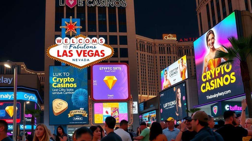 Las Vegas Strip con vallas publicitarias para casinos criptográficos y una vida nocturna vibrante.