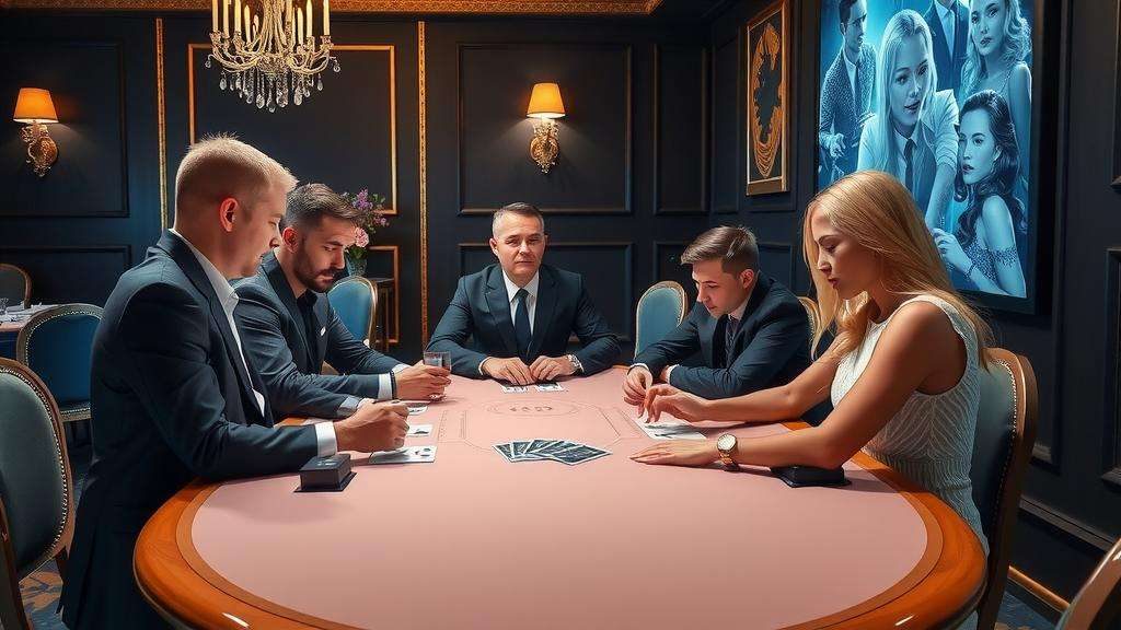 Una escena de un sofisticado juego de cartas en un casino de criptomonedas.