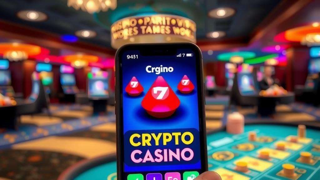 Smartphone con aplicación de casino cripto en un ambiente de casino.