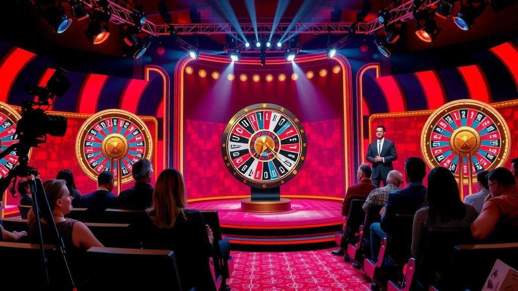Presentador carismático en un plató de concurso de casino con estética televisiva, con concursantes y una rueda giratoria iluminada, con iluminación dramática de estudio.