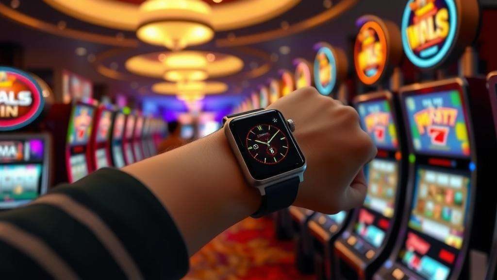 Primer plano de la mano de un jugador usando un smartwatch para jugar a un micro juego de tragamonedas, con un fondo de casino desenfocado e iluminación cálida.