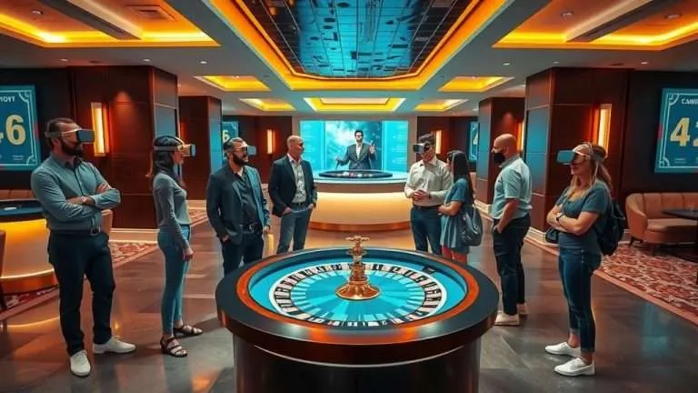 A modern VR casino lounge with players