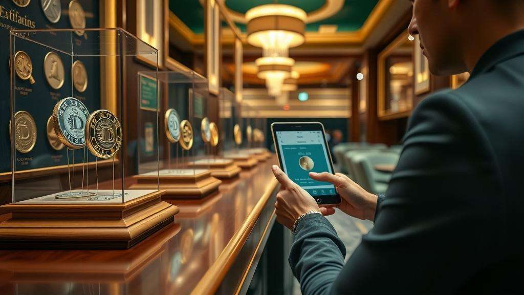 Vitrina premium de fidelización de casino con fichas coleccionables en urnas de cristal y un jugador interactuando con una tableta, en tonos cálidos de madera y oro.