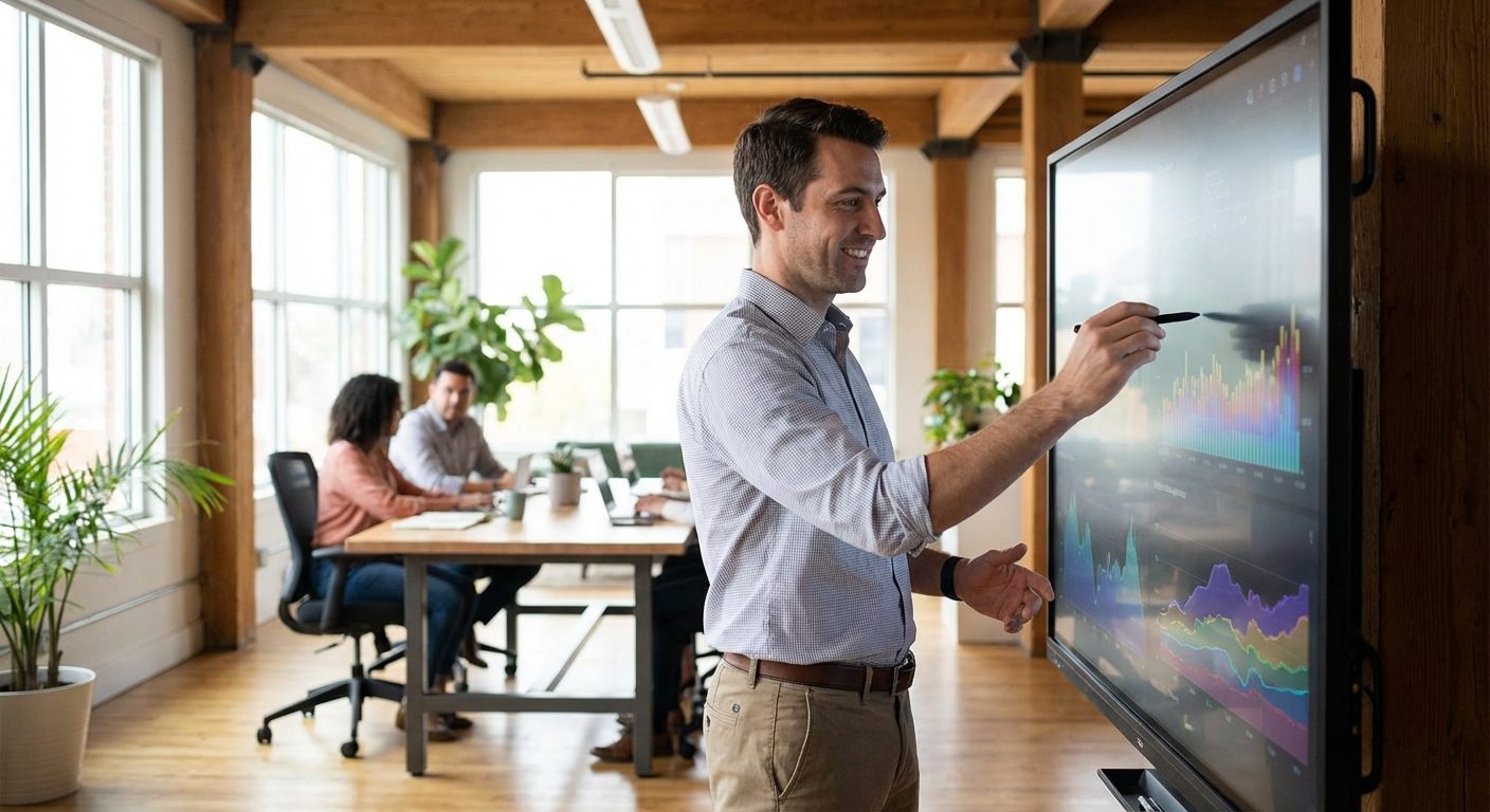 A medium shot of a developer analyzing volatility charts and player journey data to optimize slot game mechanics in a studio.