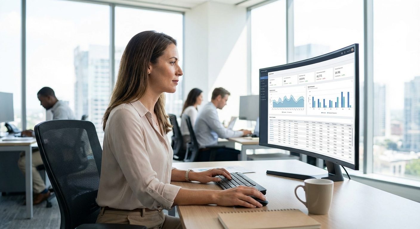 A product manager analyzing backend management tools for a white label gambling platform in a modern office.