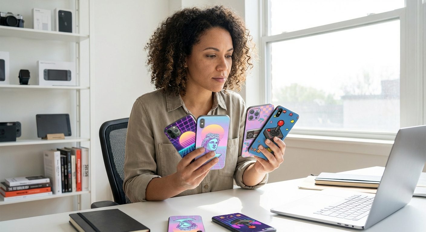 A product manager evaluating mobile skins and vaporwave designs for a crash game with different artstyle in a studio.