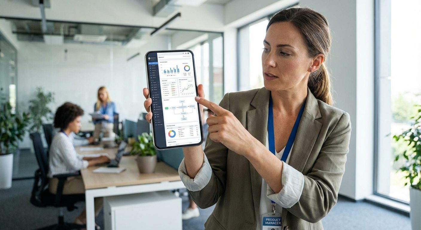 A product manager examines a mobile interface, considering the RTS Game Meaning and technical challenges of complex game systems.