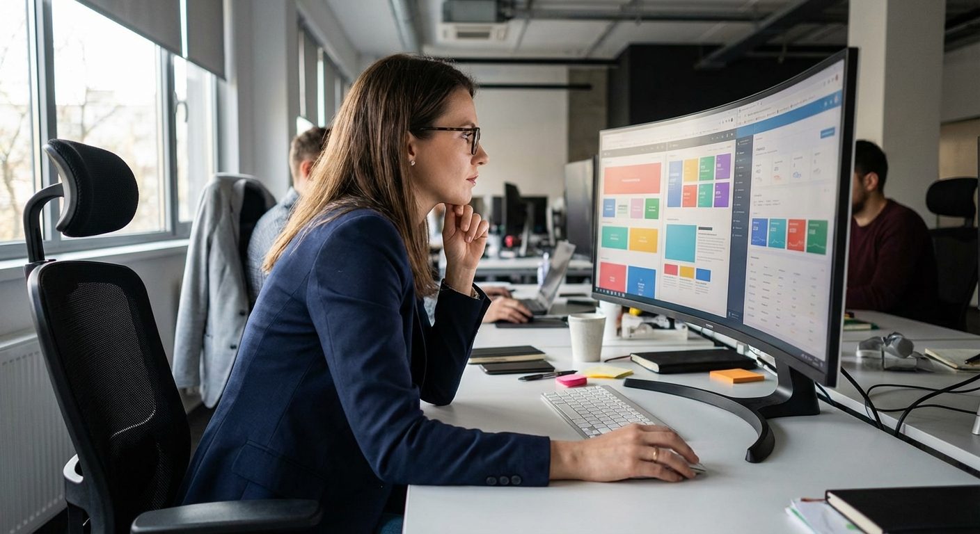 A product manager in a modern office environment analyzing content management modules within a sports gambling software platform for platform updates.