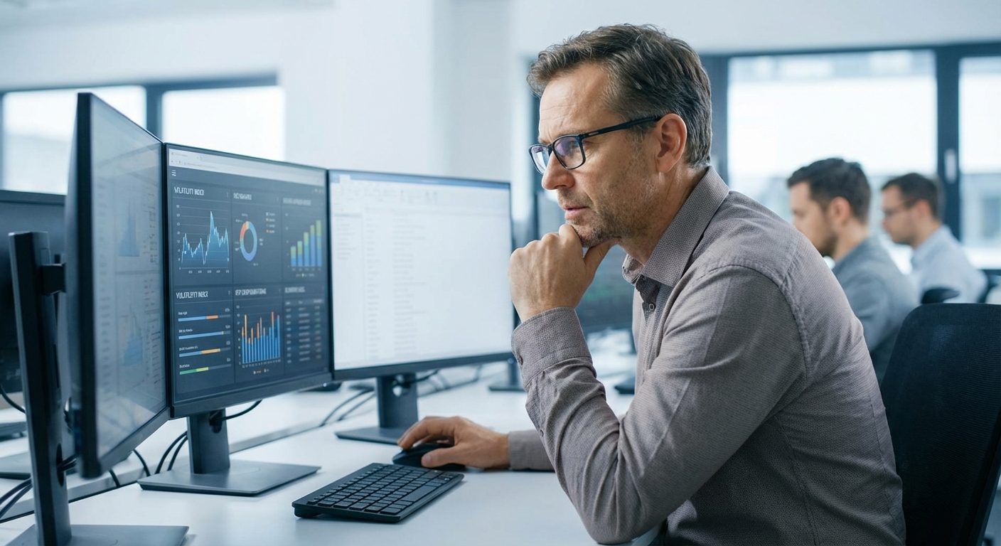 A product manager reviewing volatility and RTP settings on a monitor during a custom casino game development session.