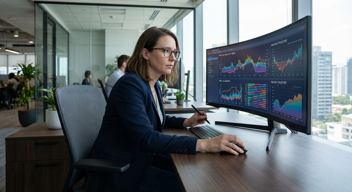 A professional analyzing RTP and volatility metrics for various types of casino games on a large office screen.