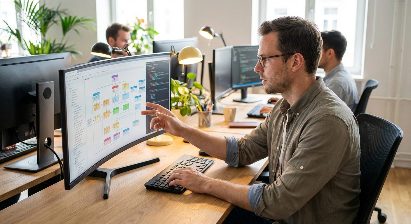A technical lead reviewing software architecture for RNG implementation in a modern engineering office.