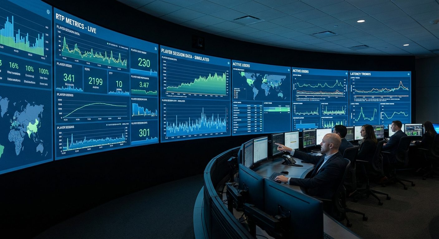 A wide shot of a data analytics center showing live performance metrics and RTP statistics for modern slot game mechanics.