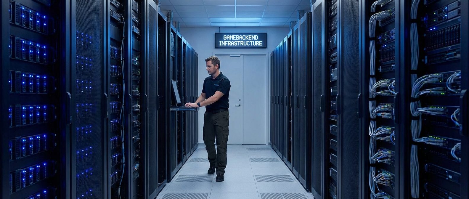 A wide shot of a high-tech server room housing the secure backend systems for slot game RNG global operations.